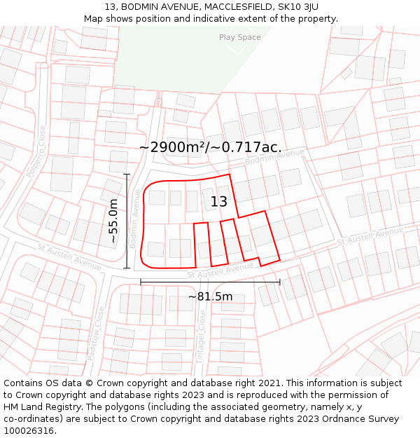 13, BODMIN AVENUE, MACCLESFIELD, SK10 3JU: Plot and title map