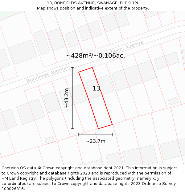 13, BONFIELDS AVENUE, SWANAGE, BH19 1PL: Plot and title map