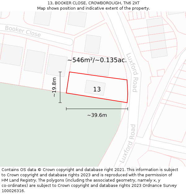 13, BOOKER CLOSE, CROWBOROUGH, TN6 2XT: Plot and title map