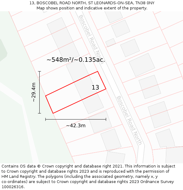 13, BOSCOBEL ROAD NORTH, ST LEONARDS-ON-SEA, TN38 0NY: Plot and title map