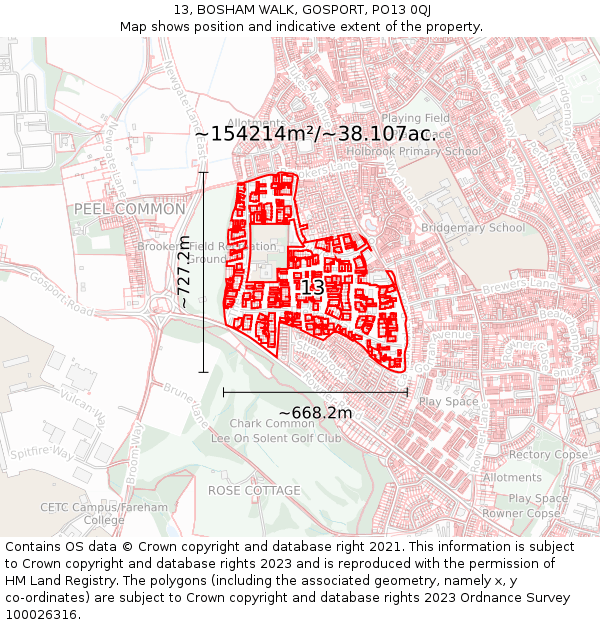 13, BOSHAM WALK, GOSPORT, PO13 0QJ: Plot and title map