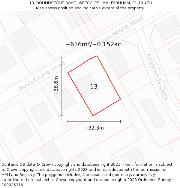 13, BOUNDSTONE ROAD, WRECCLESHAM, FARNHAM, GU10 4TH: Plot and title map