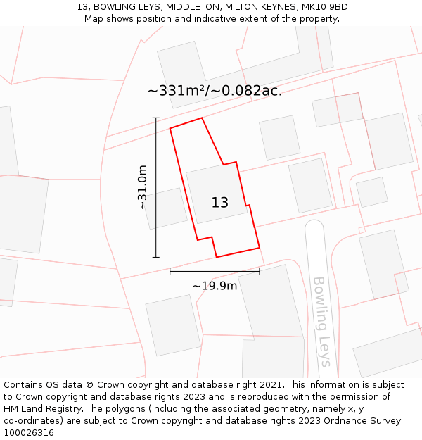13, BOWLING LEYS, MIDDLETON, MILTON KEYNES, MK10 9BD: Plot and title map