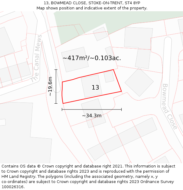 13, BOWMEAD CLOSE, STOKE-ON-TRENT, ST4 8YP: Plot and title map