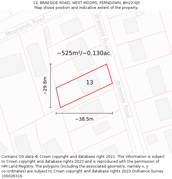 13, BRAESIDE ROAD, WEST MOORS, FERNDOWN, BH22 0JS: Plot and title map