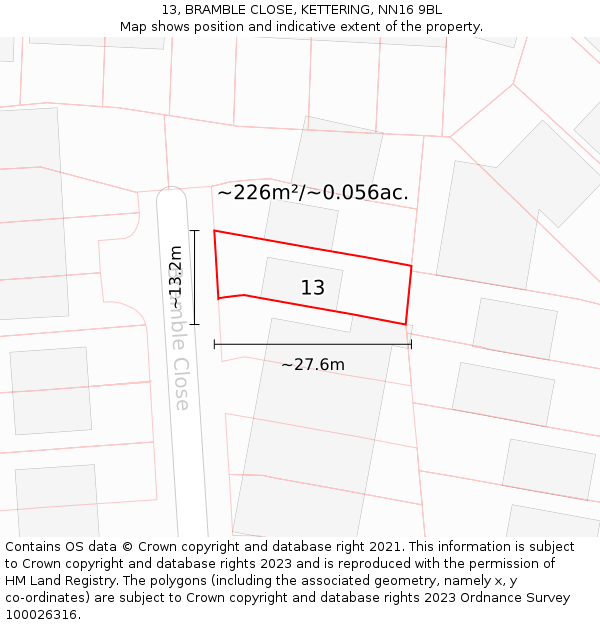 13, BRAMBLE CLOSE, KETTERING, NN16 9BL: Plot and title map