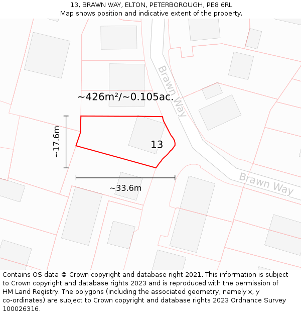 13, BRAWN WAY, ELTON, PETERBOROUGH, PE8 6RL: Plot and title map