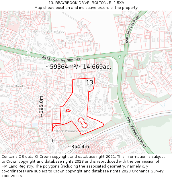 13, BRAYBROOK DRIVE, BOLTON, BL1 5XA: Plot and title map