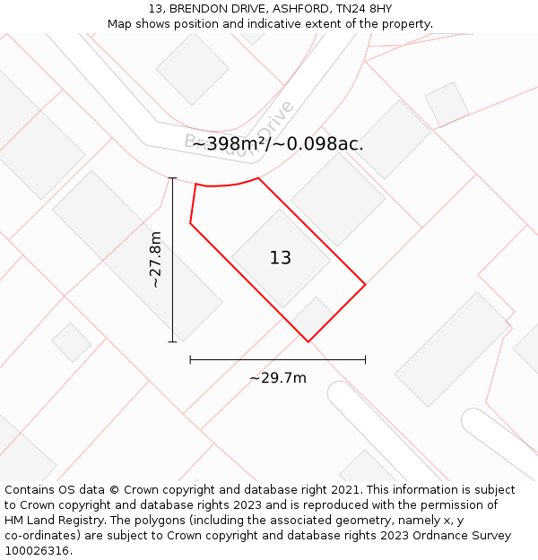 13, BRENDON DRIVE, ASHFORD, TN24 8HY: Plot and title map