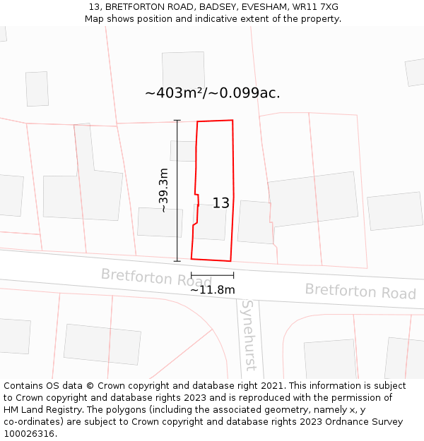 13, BRETFORTON ROAD, BADSEY, EVESHAM, WR11 7XG: Plot and title map