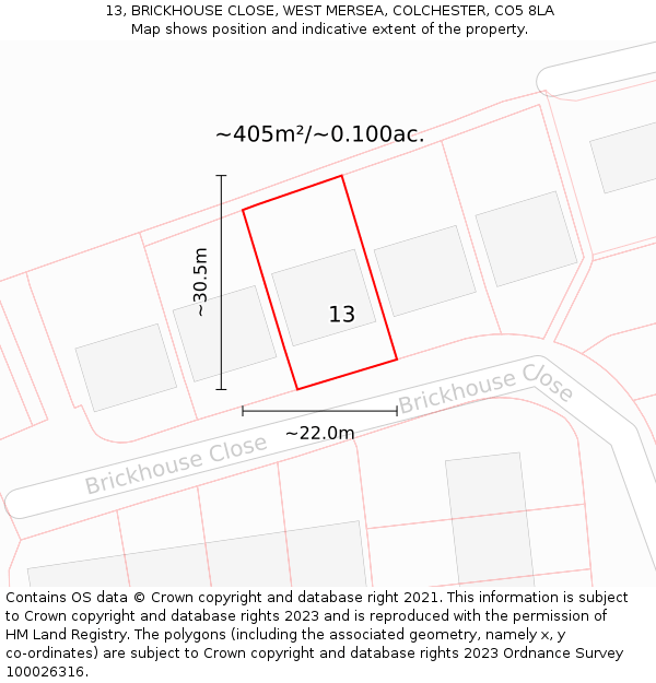 13, BRICKHOUSE CLOSE, WEST MERSEA, COLCHESTER, CO5 8LA: Plot and title map