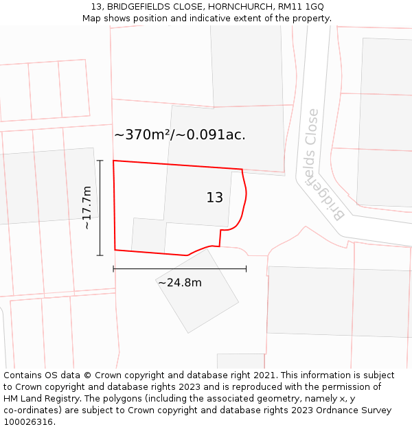 13, BRIDGEFIELDS CLOSE, HORNCHURCH, RM11 1GQ: Plot and title map
