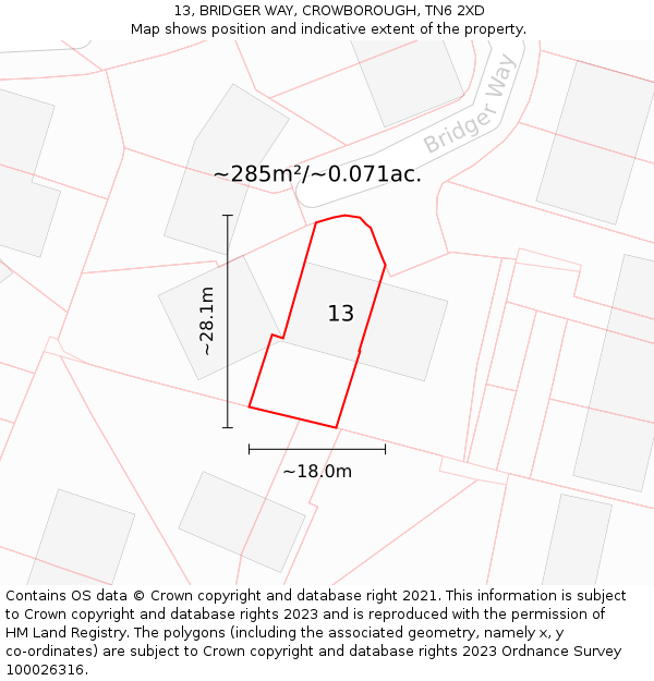 13, BRIDGER WAY, CROWBOROUGH, TN6 2XD: Plot and title map