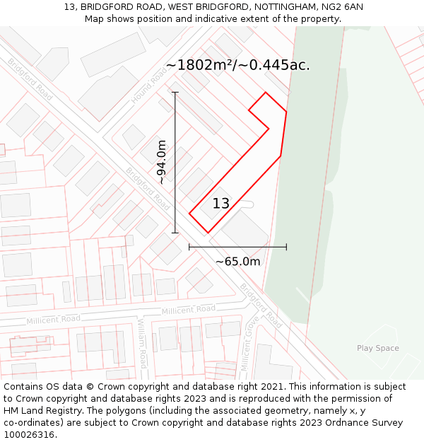 13, BRIDGFORD ROAD, WEST BRIDGFORD, NOTTINGHAM, NG2 6AN: Plot and title map