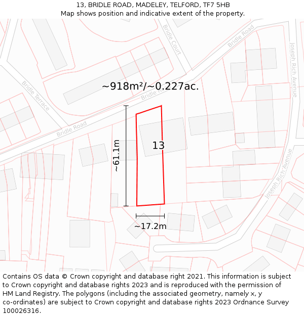 13, BRIDLE ROAD, MADELEY, TELFORD, TF7 5HB: Plot and title map