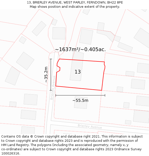 13, BRIERLEY AVENUE, WEST PARLEY, FERNDOWN, BH22 8PE: Plot and title map