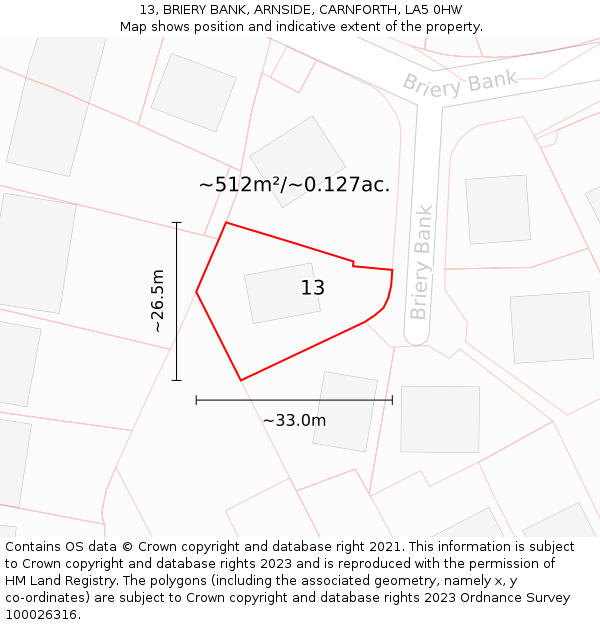 13, BRIERY BANK, ARNSIDE, CARNFORTH, LA5 0HW: Plot and title map