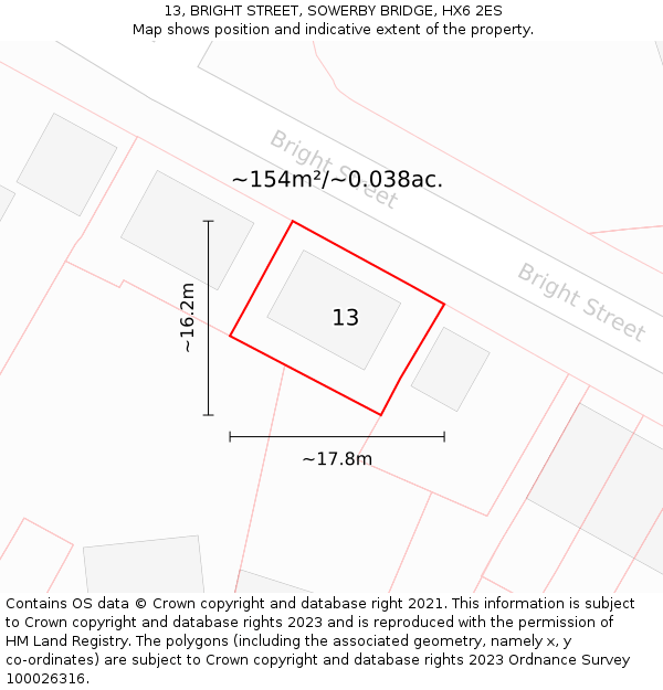 13, BRIGHT STREET, SOWERBY BRIDGE, HX6 2ES: Plot and title map