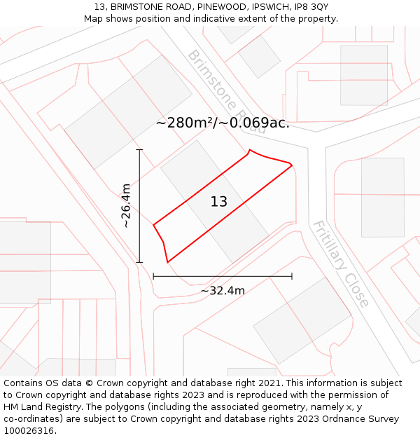 13, BRIMSTONE ROAD, PINEWOOD, IPSWICH, IP8 3QY: Plot and title map