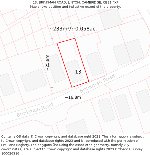 13, BRINKMAN ROAD, LINTON, CAMBRIDGE, CB21 4XF: Plot and title map