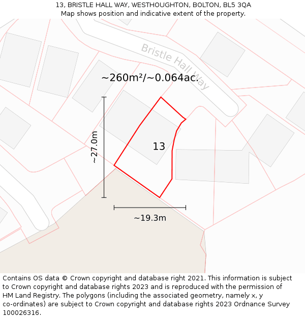 13, BRISTLE HALL WAY, WESTHOUGHTON, BOLTON, BL5 3QA: Plot and title map