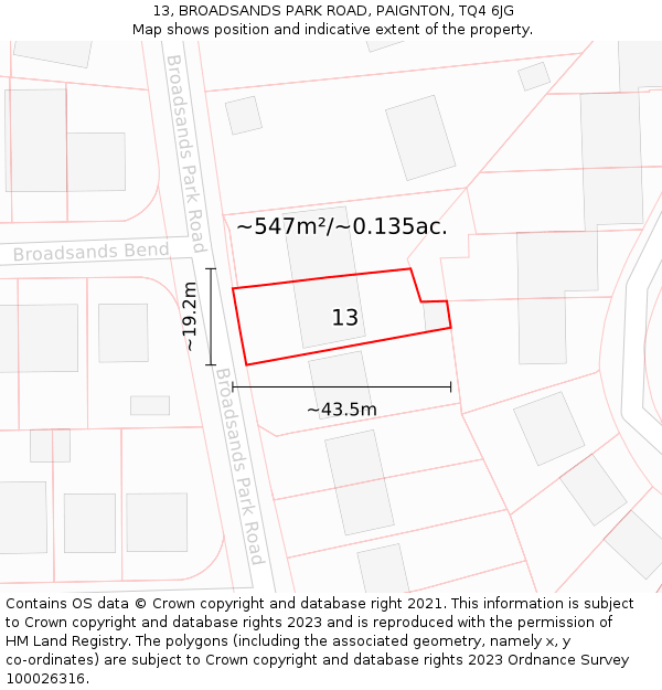 13, BROADSANDS PARK ROAD, PAIGNTON, TQ4 6JG: Plot and title map