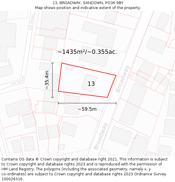 13, BROADWAY, SANDOWN, PO36 9BY: Plot and title map