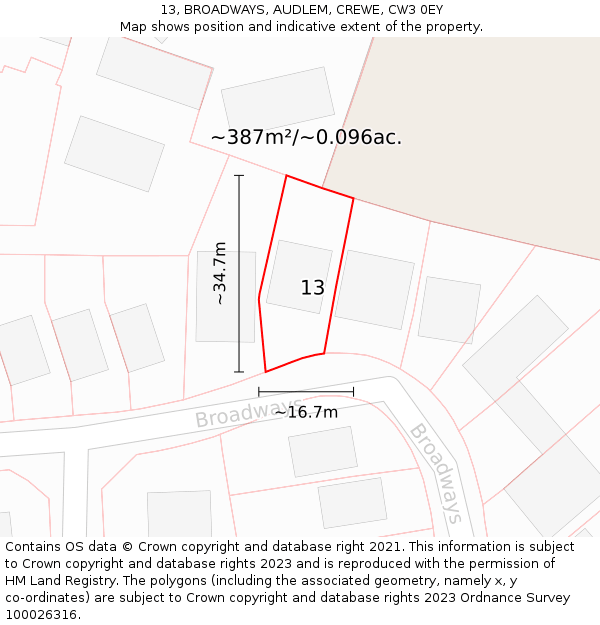 13, BROADWAYS, AUDLEM, CREWE, CW3 0EY: Plot and title map