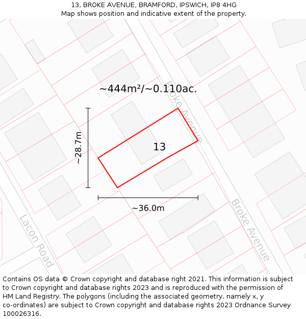 13, BROKE AVENUE, BRAMFORD, IPSWICH, IP8 4HG: Plot and title map