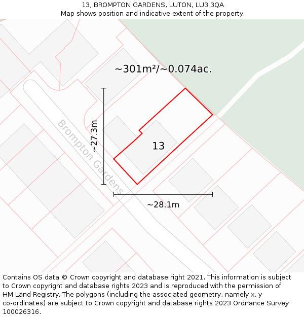 13, BROMPTON GARDENS, LUTON, LU3 3QA: Plot and title map