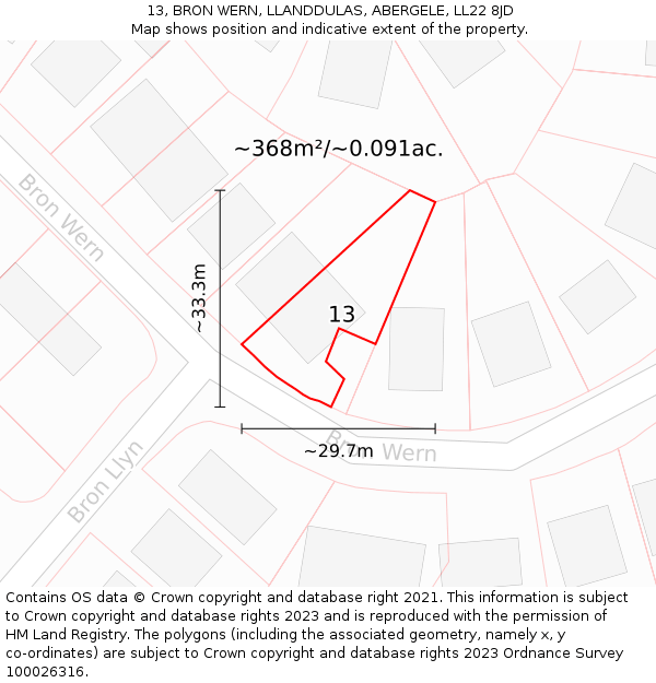 13, BRON WERN, LLANDDULAS, ABERGELE, LL22 8JD: Plot and title map