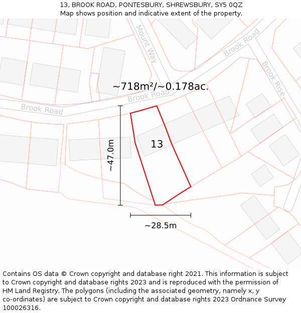 13, BROOK ROAD, PONTESBURY, SHREWSBURY, SY5 0QZ: Plot and title map