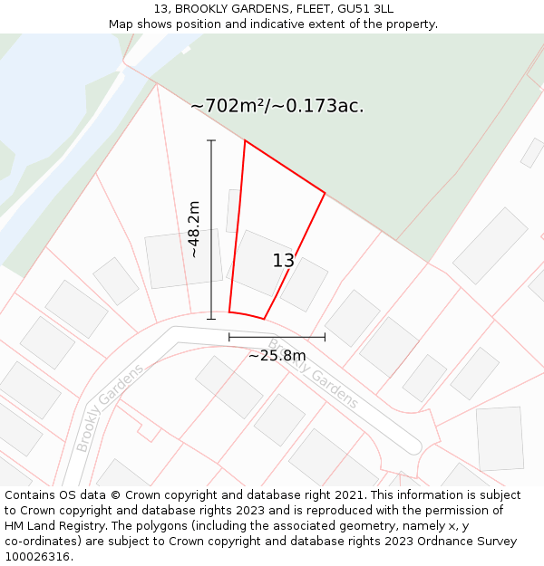 13, BROOKLY GARDENS, FLEET, GU51 3LL: Plot and title map