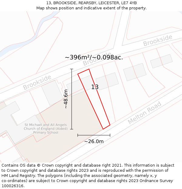 13, BROOKSIDE, REARSBY, LEICESTER, LE7 4YB: Plot and title map