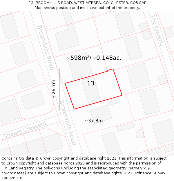 13, BROOMHILLS ROAD, WEST MERSEA, COLCHESTER, CO5 8AP: Plot and title map