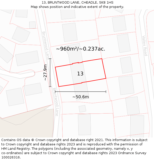 13, BRUNTWOOD LANE, CHEADLE, SK8 1HS: Plot and title map
