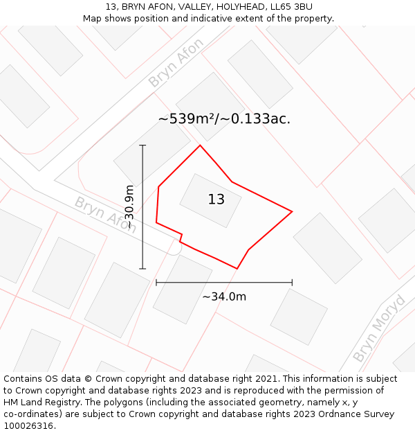 13, BRYN AFON, VALLEY, HOLYHEAD, LL65 3BU: Plot and title map
