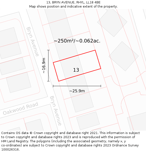 13, BRYN AVENUE, RHYL, LL18 4BE: Plot and title map