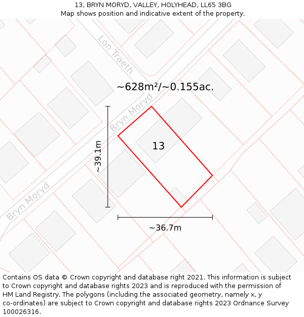 13, BRYN MORYD, VALLEY, HOLYHEAD, LL65 3BG: Plot and title map