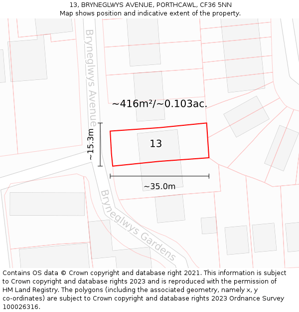 13, BRYNEGLWYS AVENUE, PORTHCAWL, CF36 5NN: Plot and title map