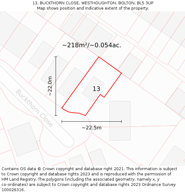 13, BUCKTHORN CLOSE, WESTHOUGHTON, BOLTON, BL5 3UP: Plot and title map