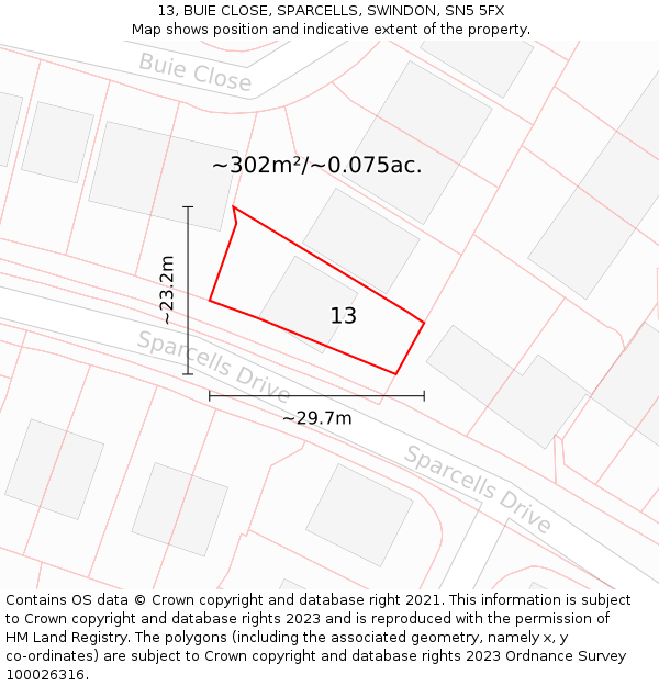 13, BUIE CLOSE, SPARCELLS, SWINDON, SN5 5FX: Plot and title map