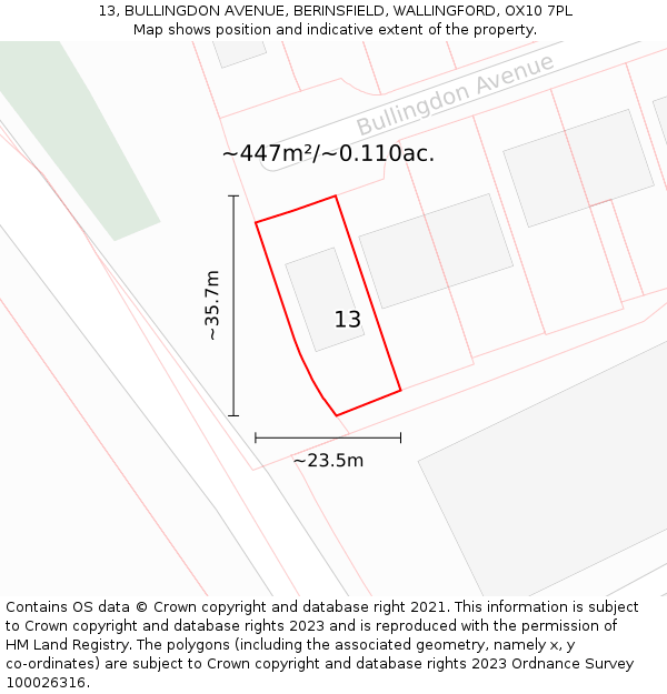 13, BULLINGDON AVENUE, BERINSFIELD, WALLINGFORD, OX10 7PL: Plot and title map