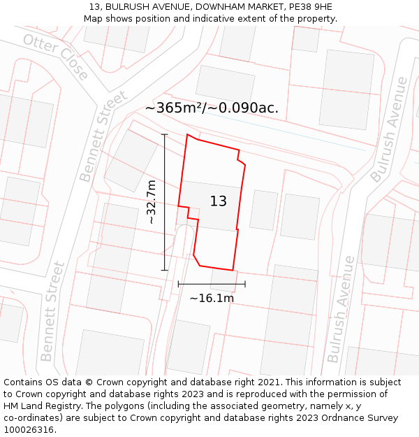 13, BULRUSH AVENUE, DOWNHAM MARKET, PE38 9HE: Plot and title map