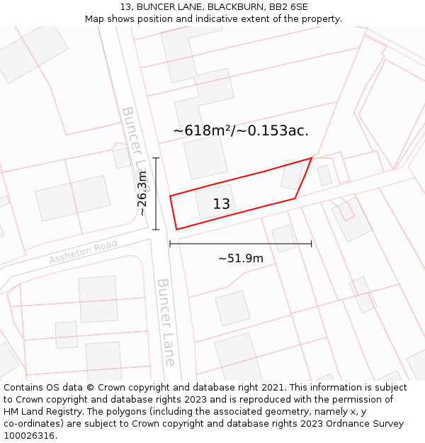 13, BUNCER LANE, BLACKBURN, BB2 6SE: Plot and title map