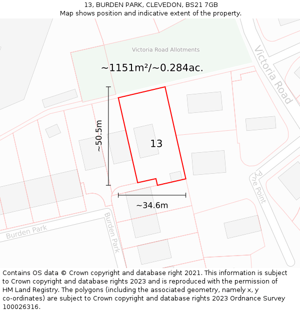 13, BURDEN PARK, CLEVEDON, BS21 7GB: Plot and title map