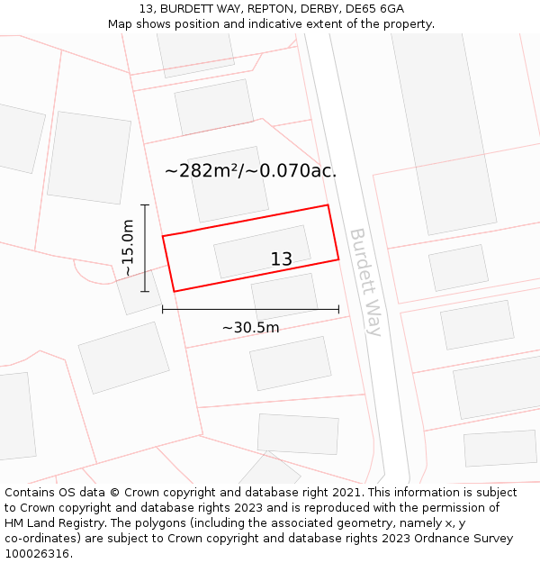 13, BURDETT WAY, REPTON, DERBY, DE65 6GA: Plot and title map