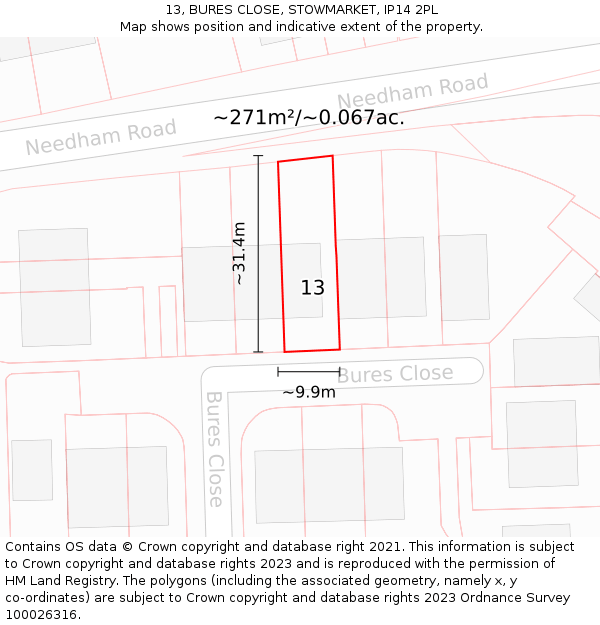 13, BURES CLOSE, STOWMARKET, IP14 2PL: Plot and title map