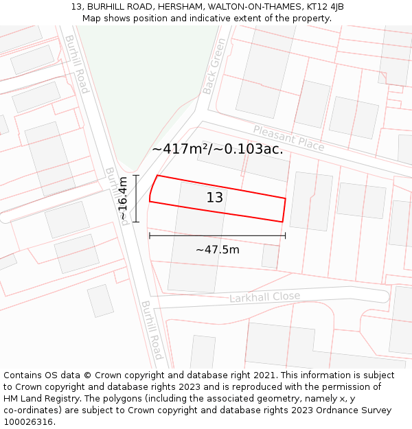 13, BURHILL ROAD, HERSHAM, WALTON-ON-THAMES, KT12 4JB: Plot and title map