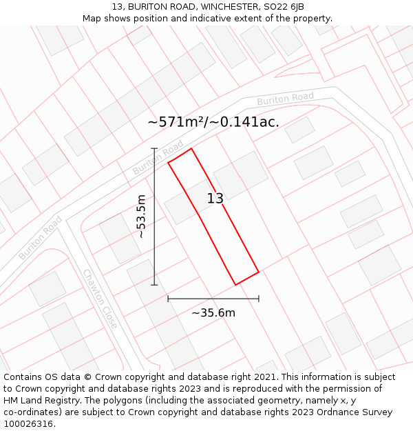 13, BURITON ROAD, WINCHESTER, SO22 6JB: Plot and title map